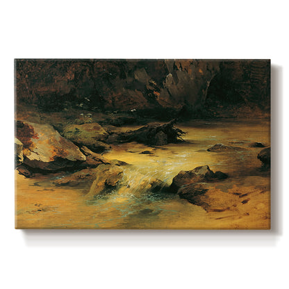 Canvas art print portraying a mountain stream flowing through rocky terrain, set against a white background