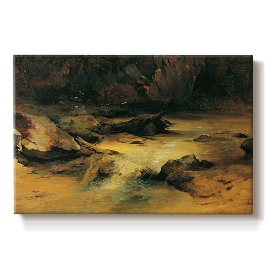 Canvas art print portraying a mountain stream flowing through rocky terrain, set against a white background