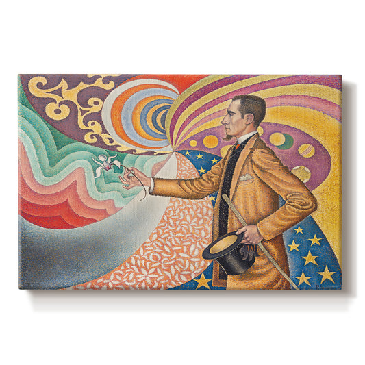 Canvas art print portraying a stylized portrait with swirling decorative background, set against a white background