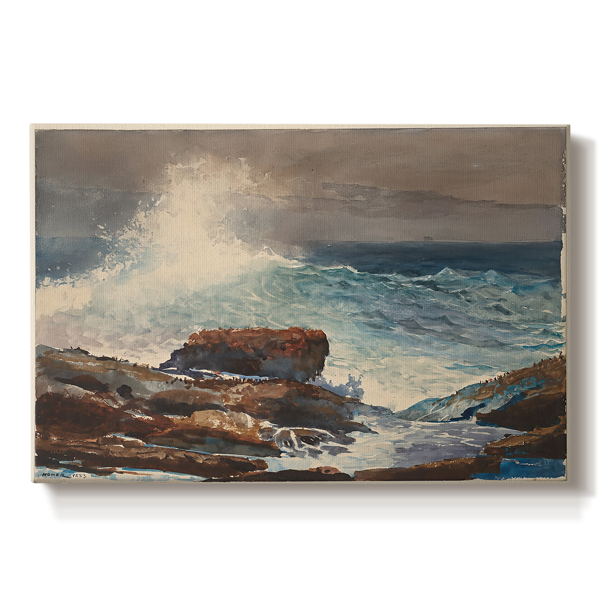 Canvas art print portraying waves rolling toward rocky shoreline with low buildings nearby, set against a white background