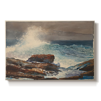 Canvas art print portraying waves rolling toward rocky shoreline with low buildings nearby, set against a white background