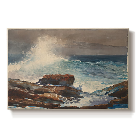 Canvas art print portraying waves rolling toward rocky shoreline with low buildings nearby, set against a white background