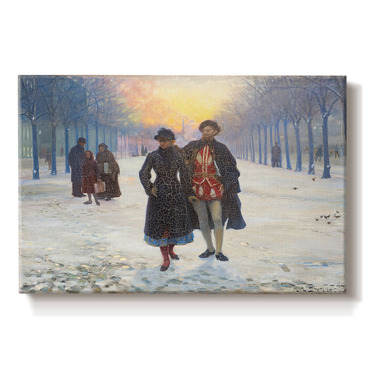 Canvas art print portraying figures walking through snowy street in quiet winter village scene, set against a white background