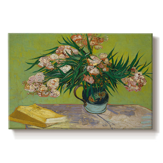 Canvas art print portraying a still life with vase of oleanders placed beside stacked books, set against a white background