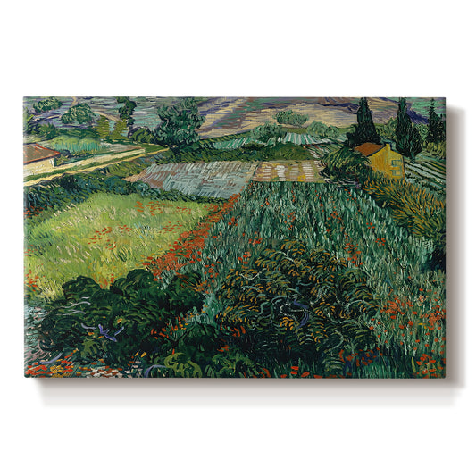 Canvas art print portraying a field dotted with red poppies under bright sky and rolling terrain, set against a white background