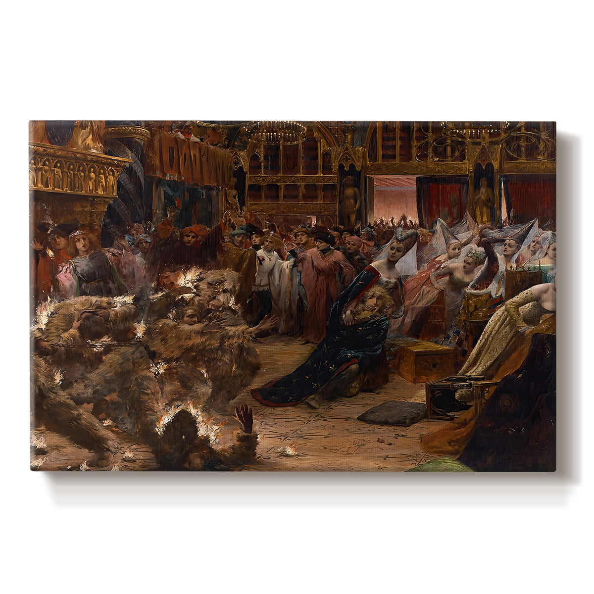 Canvas art print portraying a crowded interior scene with figures gathered around glowing central spectacle, set against a white background
