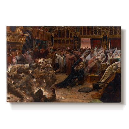 Canvas art print portraying a crowded interior scene with figures gathered around glowing central spectacle, set against a white background