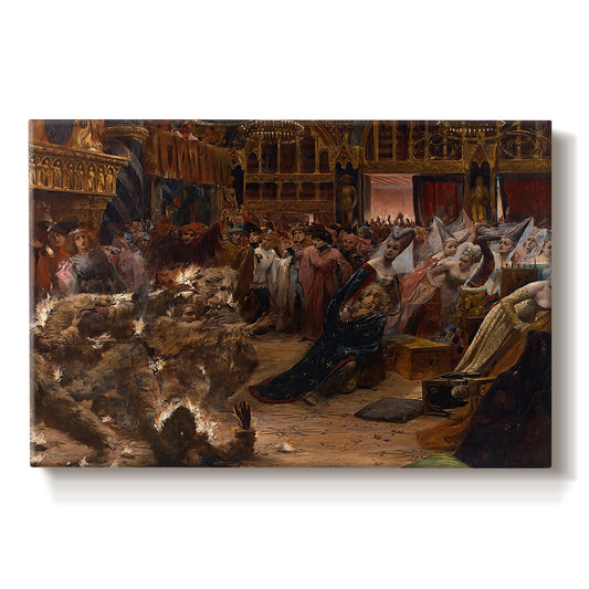 Canvas art print portraying a crowded interior scene with figures gathered around glowing central spectacle, set against a white background
