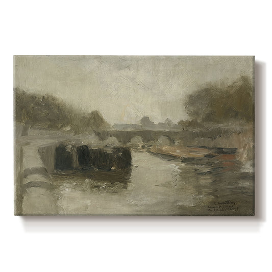 Canvas art print portraying a hazy bridge over water in a muted atmospheric landscape, set against a white background