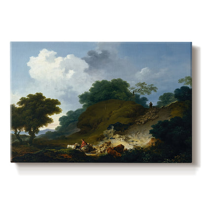 Canvas art print portraying shepherds tending flock of sheep in open pastoral landscape, set against a white background