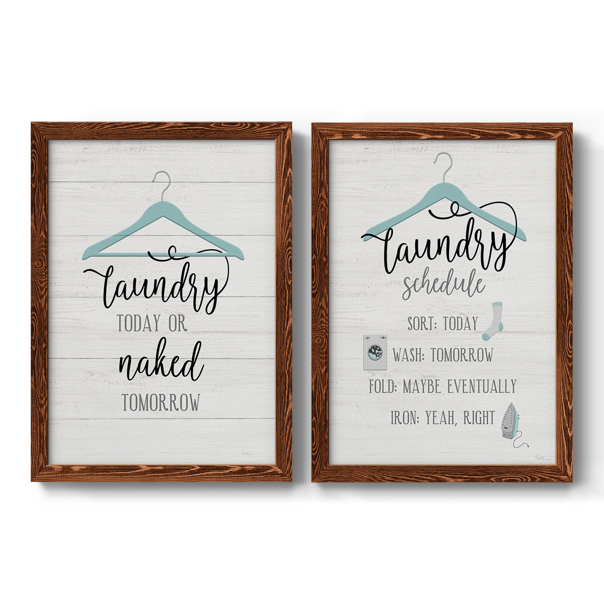 Set of two maple barnwood framed canvas prints featuring two rustic typographic wall art featuring humorous laundry-room sayings and clothing icons.