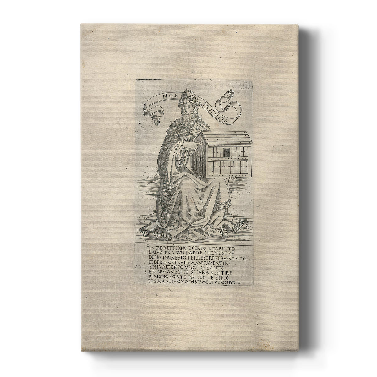 Canvas art print featuring a monochrome engraving of a standing prophet with fine linework on a clean white background.
