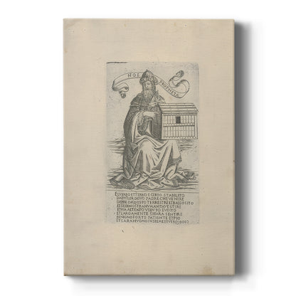 Canvas art print featuring a monochrome engraving of a standing prophet with fine linework on a clean white background.