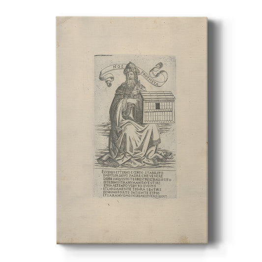 Canvas art print featuring a monochrome engraving of a standing prophet with fine linework on a clean white background.