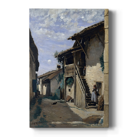 Canvas art print featuring a rural street scene in Dardagny, Switzerland with cottages and villagers on a clean white background.