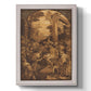 Monochrome religious painting of the raising of Lazarus by Leandro Bassano printed on canvas in an ornate weathered white frame with a vertical orientation.