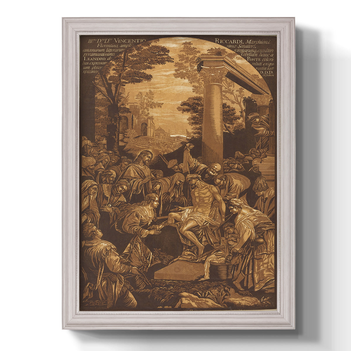 Monochrome religious painting of the raising of Lazarus by Leandro Bassano printed on canvas in an ornate weathered white frame with a vertical orientation.