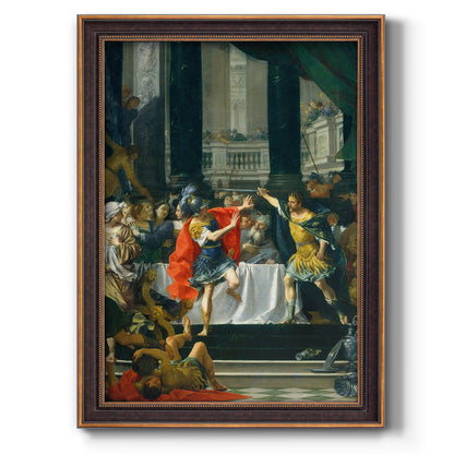 Classical historical painting of Alexander the Great by Donato Creti printed on canvas in an ornate weathered white frame with a vertical orientation.