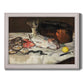 Impressionist still life painting of fish by Édouard Manet printed on canvas in an ornate weathered white frame.