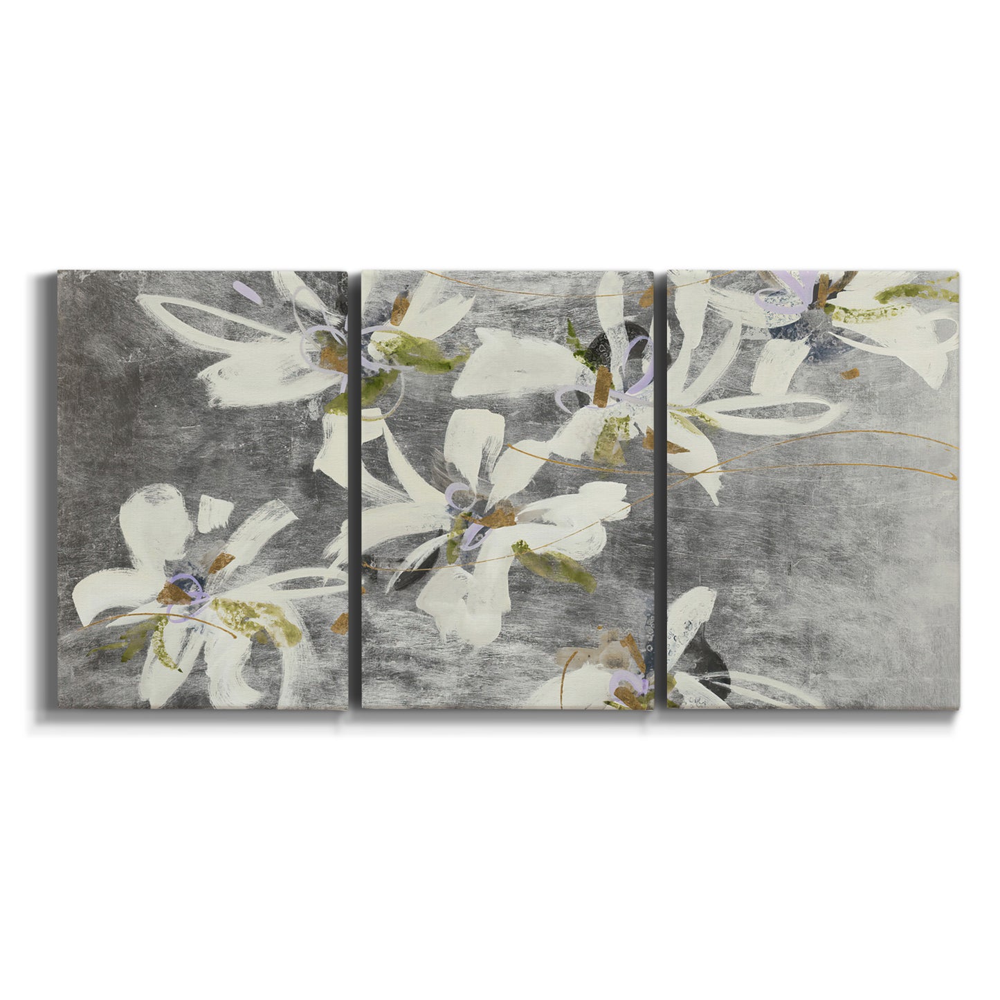 Three-panel canvas wall art featuring delicate floral symbolic arrangement on white background.