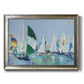 Coastal harbor watercolor painting printed on canvas in an ornate mottled silver frame.