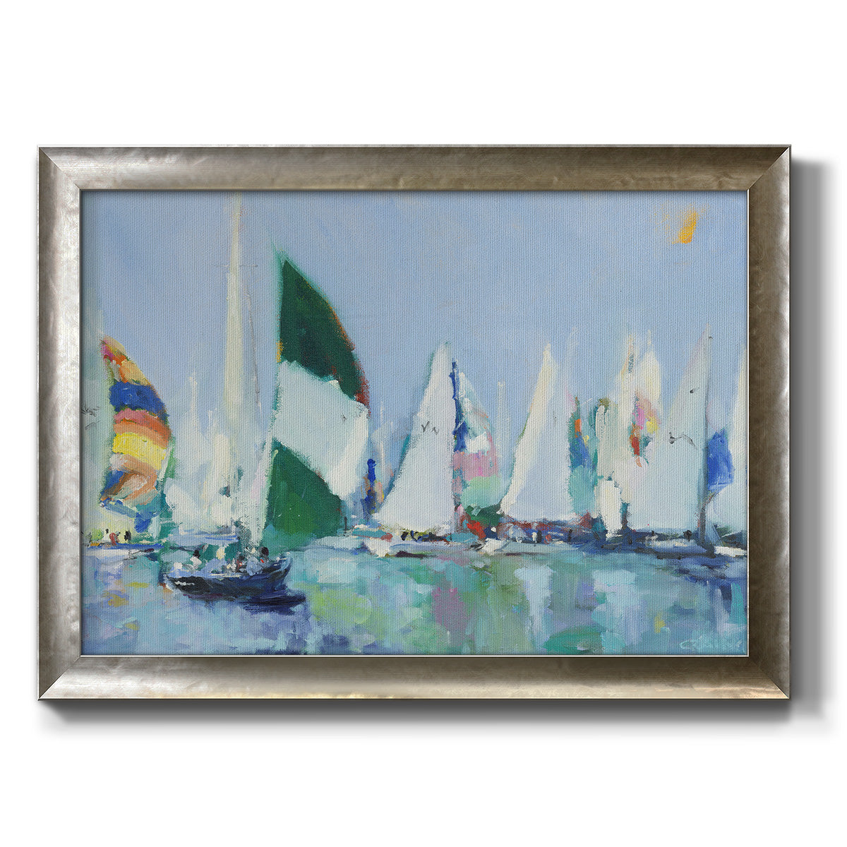Coastal harbor watercolor painting printed on canvas in an ornate mottled silver frame.