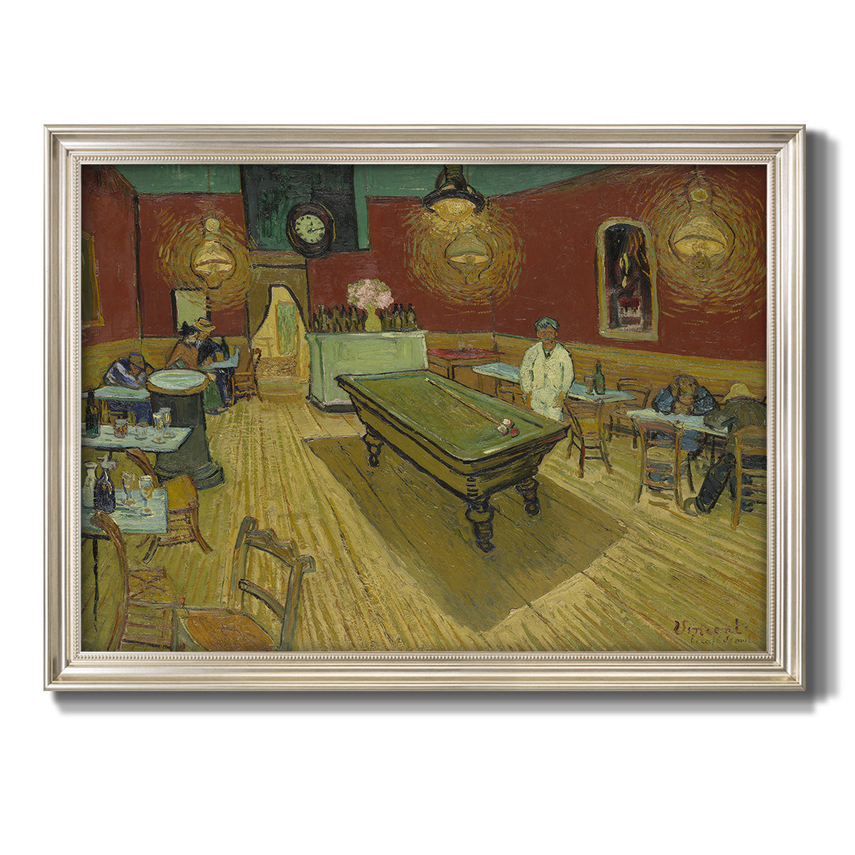 Impressionist interior of a night café by Vincent van Gogh printed on canvas in an ornate champagne frame.