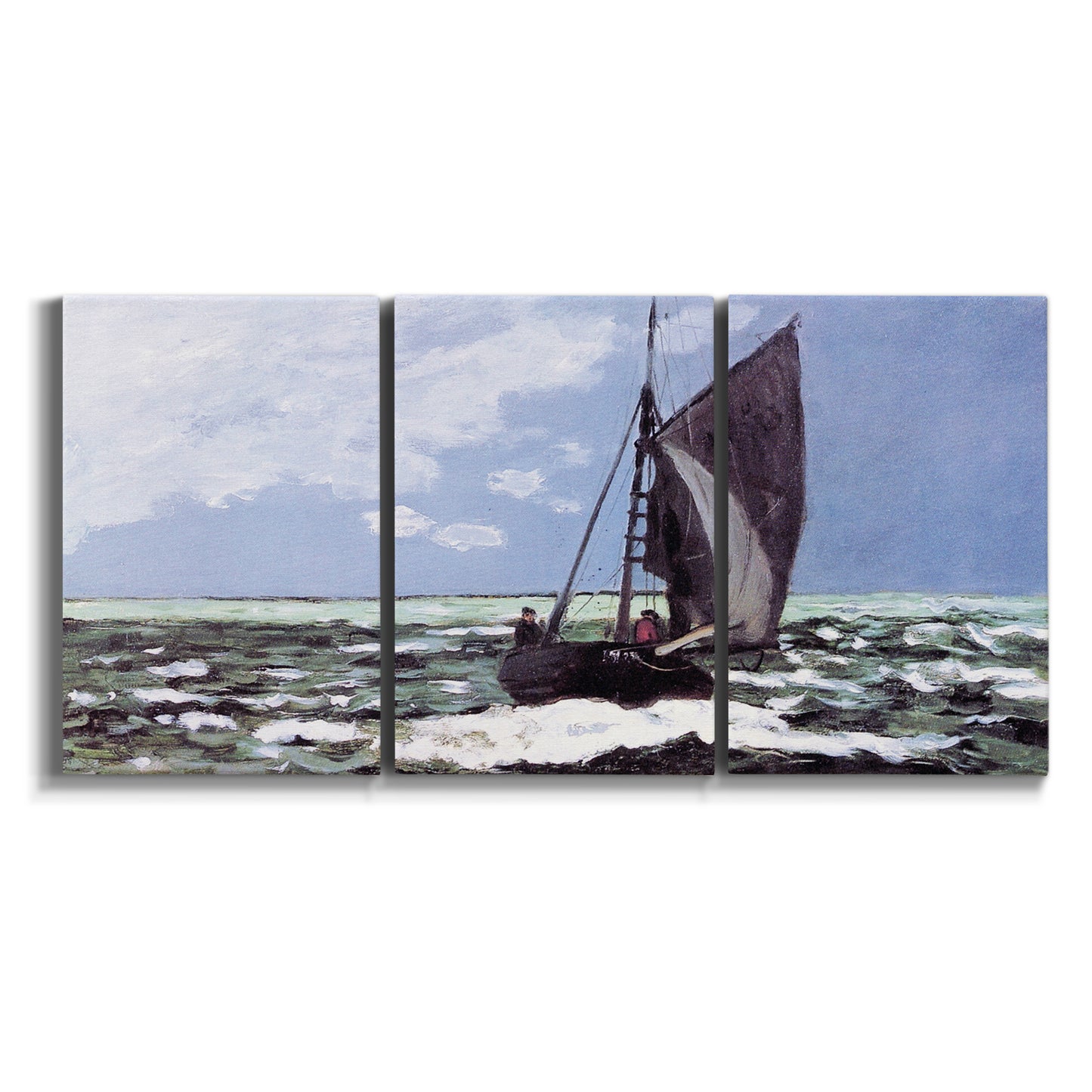 Three-panel canvas wall art featuring stormy sea with crashing waves on white background.
