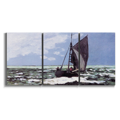 Three-panel canvas wall art featuring stormy sea with crashing waves on white background.