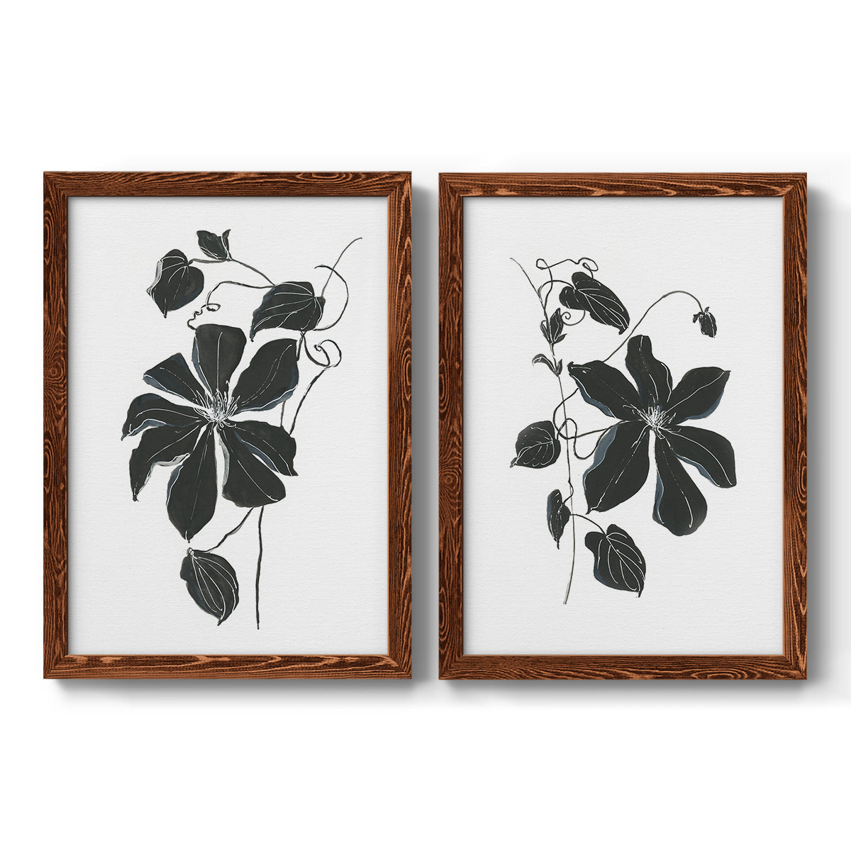 Set of two maple barnwood framed canvas prints featuring two minimalist botanical prints featuring black leafy vine silhouettes.