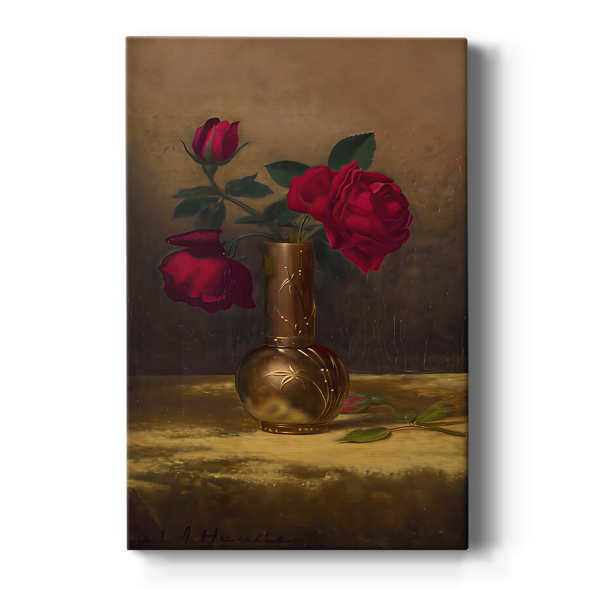 Canvas art print featuring a still life of red roses in a Japanese vase set on a gold velvet cloth on a clean white background.