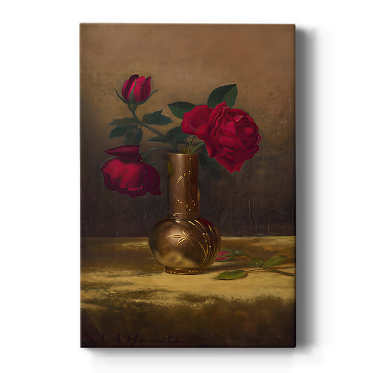 Canvas art print featuring a still life of red roses in a Japanese vase set on a gold velvet cloth on a clean white background.