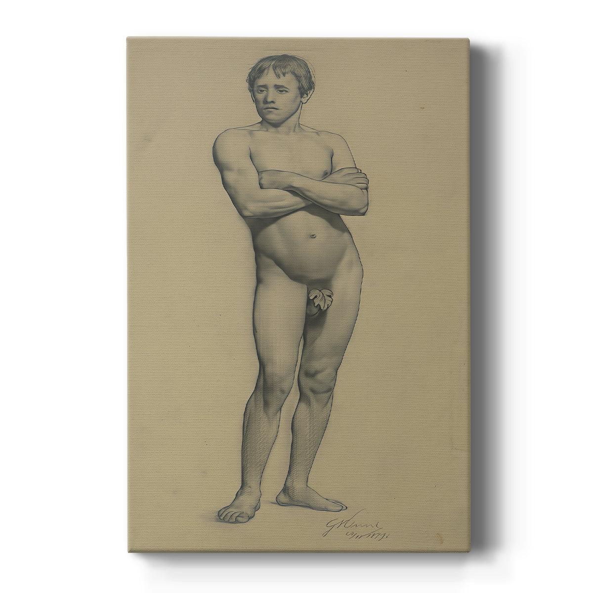Canvas art print featuring a figure study of a male nude with arms crossed in soft pencil tones on a clean white background.