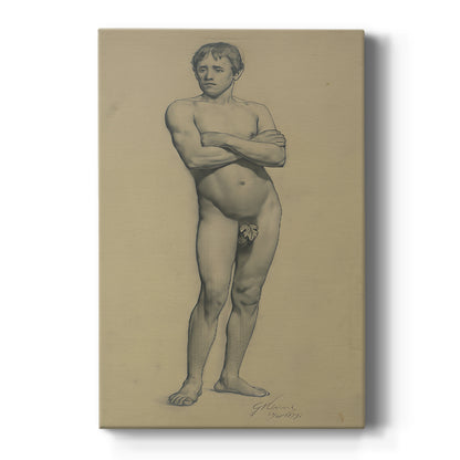Canvas art print featuring a figure study of a male nude with arms crossed in soft pencil tones on a clean white background.