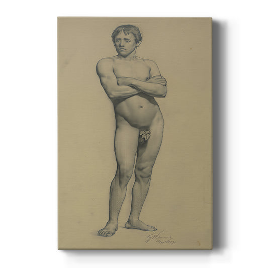 Canvas art print featuring a figure study of a male nude with arms crossed in soft pencil tones on a clean white background.