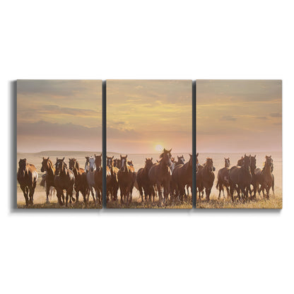 Three-panel canvas wall art featuring running horses captured in motion on white background.