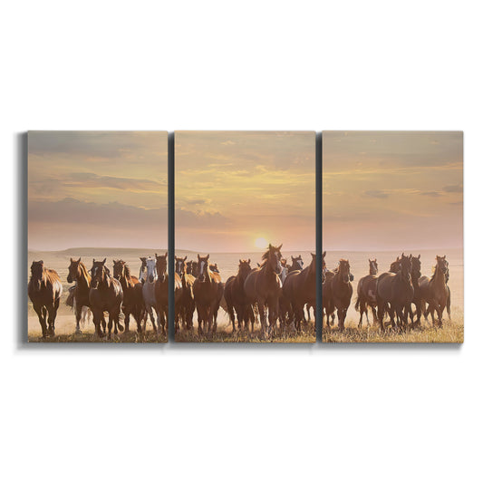 Three-panel canvas wall art featuring running horses captured in motion on white background.