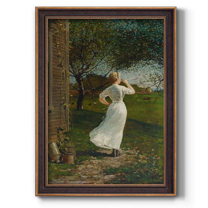 Narrative religious genre scene by Winslow Homer printed on canvas in an ornate bronzed mahogany wood frame with a vertical orientation.