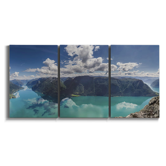 Three-panel canvas wall art featuring tropical water reflections with foliage on white background.