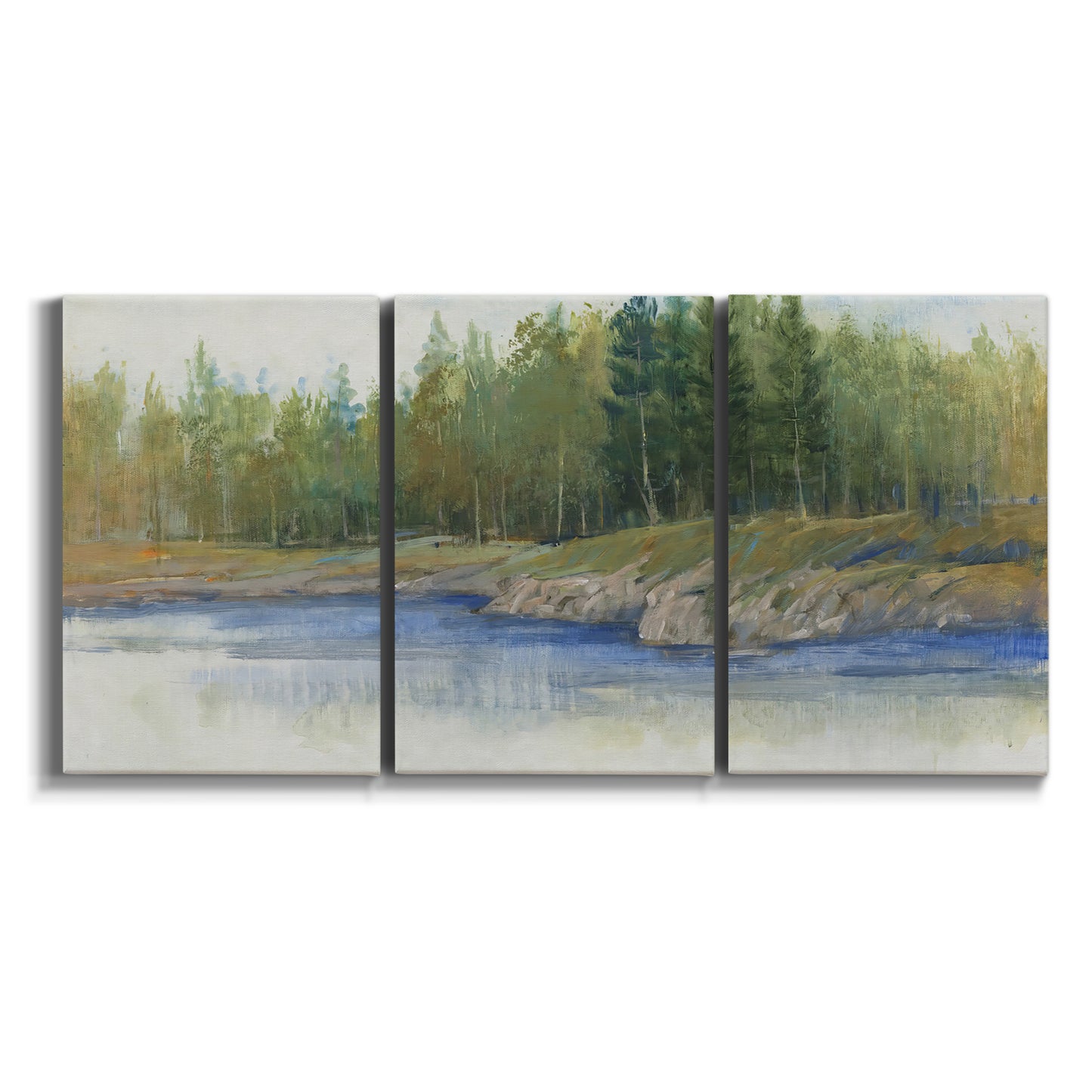 Three-panel canvas wall art featuring riverbank landscape with trees on white background.