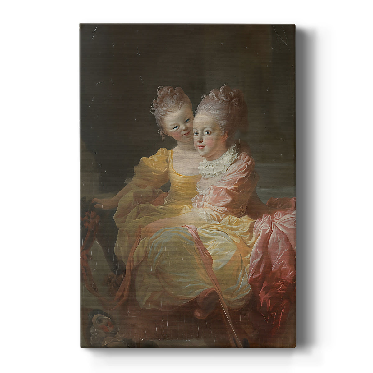 Canvas art print featuring a Rococo portrait of two young girls with soft tones and gentle expressions on a clean white background.