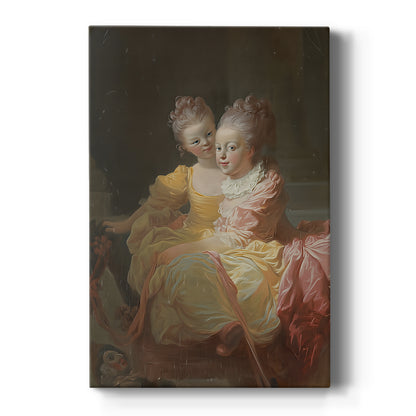 Canvas art print featuring a Rococo portrait of two young girls with soft tones and gentle expressions on a clean white background.