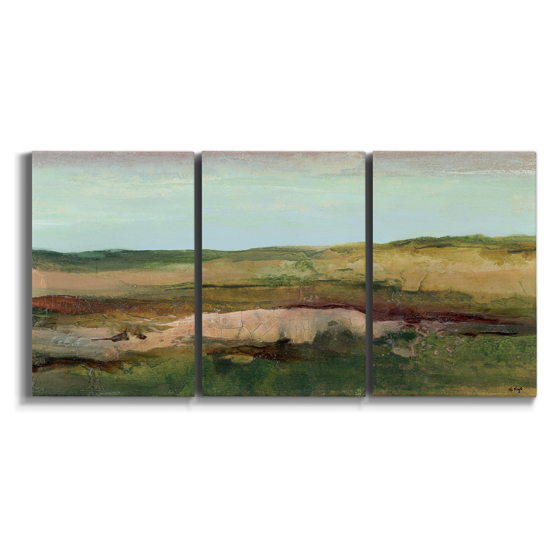 Three-panel canvas wall art featuring pastoral landscape with winding road on white background.