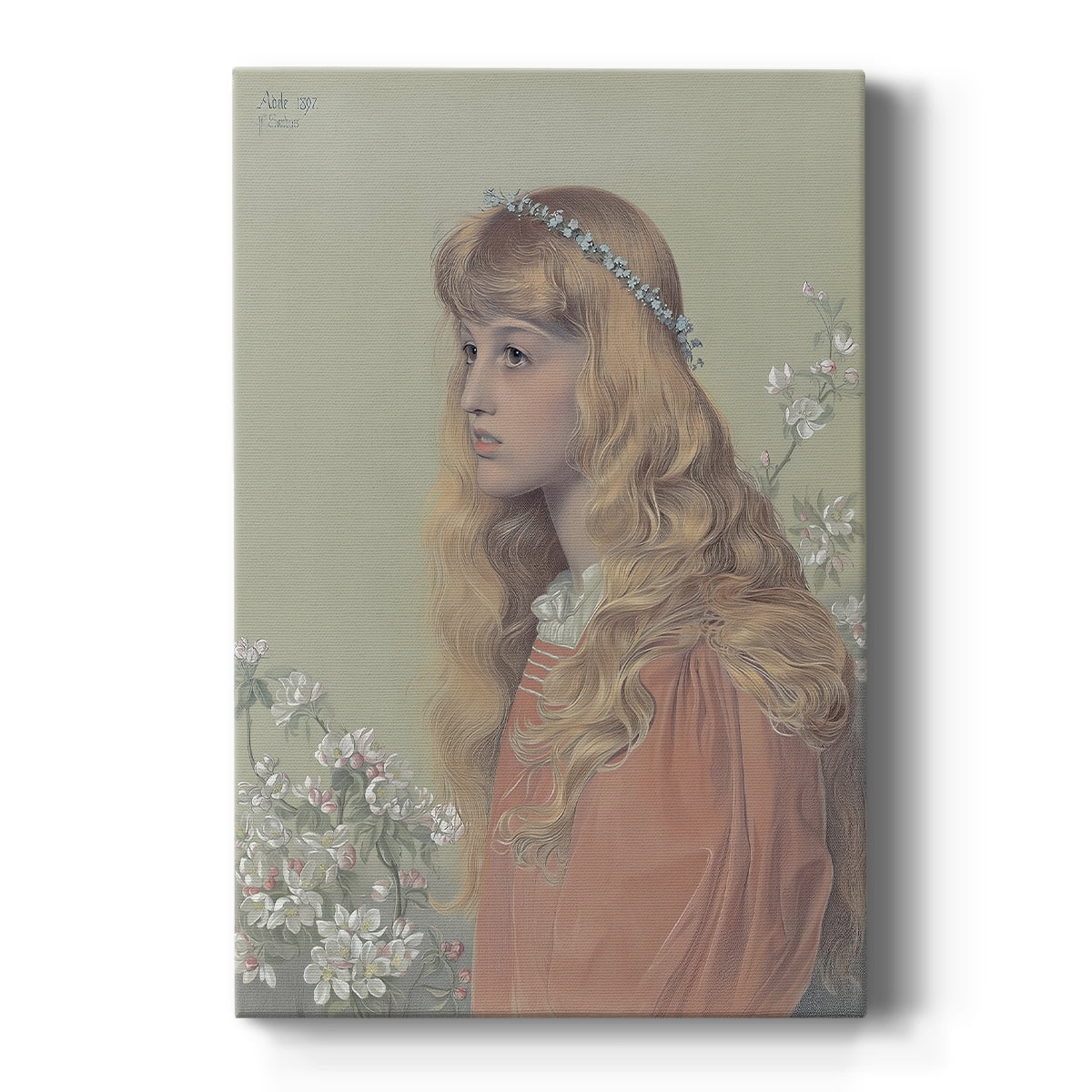 Canvas art print featuring a Romantic portrait of a young woman with delicate features and soft tones on a clean white background.