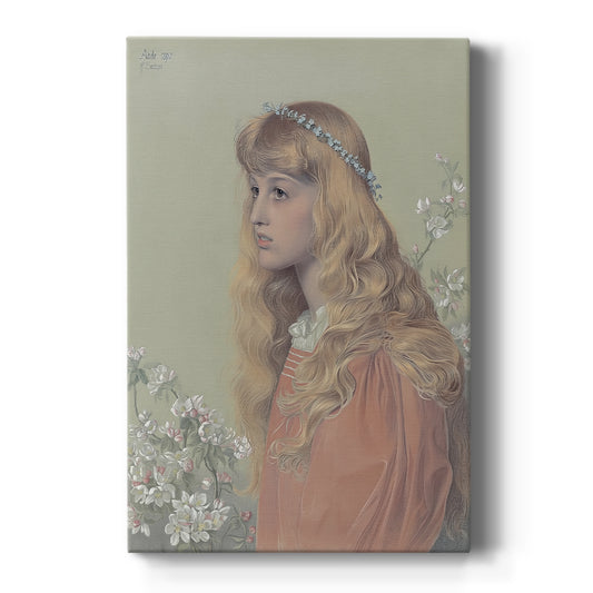 Canvas art print featuring a Romantic portrait of a young woman with delicate features and soft tones on a clean white background.