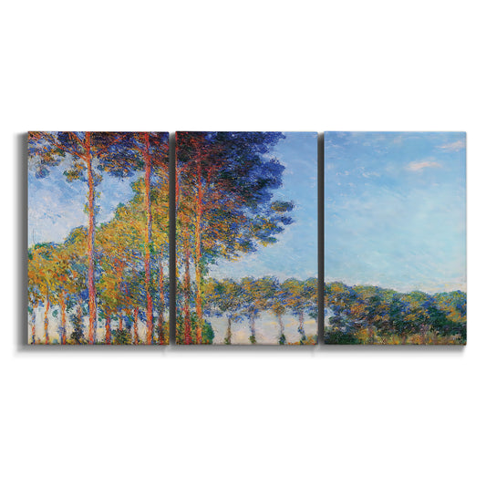 Three-panel canvas wall art featuring autumn poplar trees along river on white background.