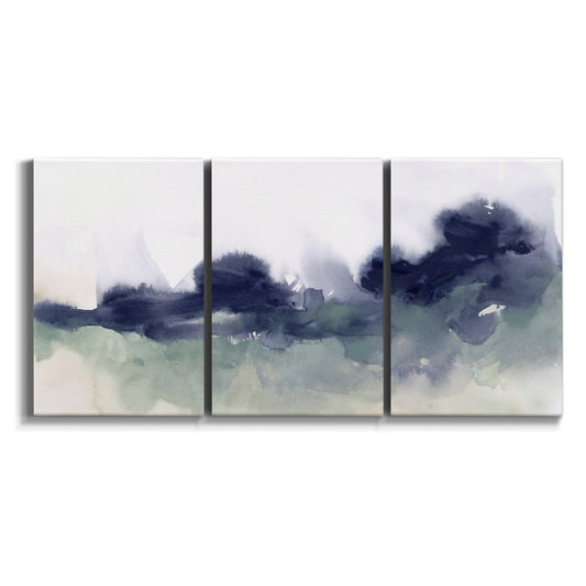 Three-panel canvas wall art featuring misty abstract lake watercolor on white background.