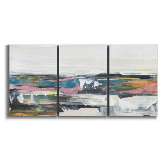 Three-panel canvas wall art featuring cheerful abstract coastal seascape on white background.