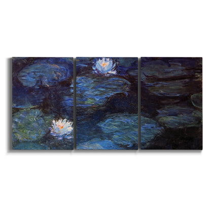 Three-panel canvas wall art featuring deep blue water lily reflections on white background.