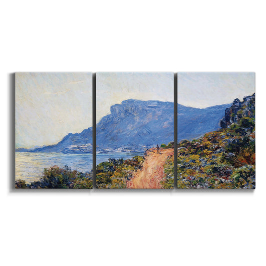 Three-panel canvas wall art featuring winding coastal road above sea on white background.